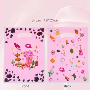 Sacs Cadeaux Rose Cowboy de l'Ouest Fête Film Perlé avec Poignées pour Anniversaire Bonbons Bottes Chapeau de Cowboy Motif Vache