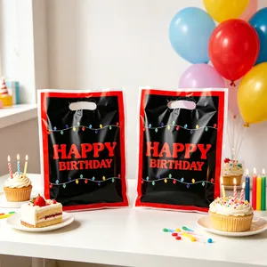 Festive black and red birthday gift bags featuring colorful light bulb patterns and text
