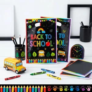 Vibrant Back to School gift bags featuring rainbow and bus blackboard style graphics