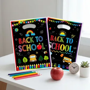 Vibrant blackboard style back to school gift bags featuring rainbow and school bus prints