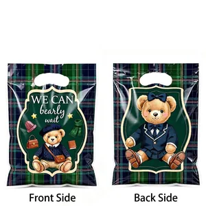 Detailed view of the front and back of the British style teddy bear party favor bag.