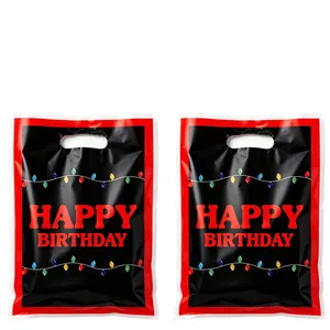 Black and red Happy Birthday gift bags with colorful lights pattern for party treats