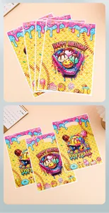 Detailed view of colorful ice cream and softball themed birthday party gift bags