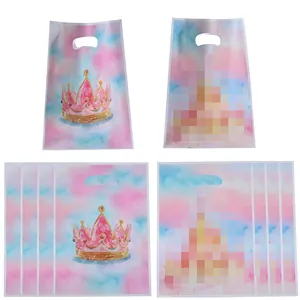 Pink watercolor gift bags with golden crown print for holiday parties and candy