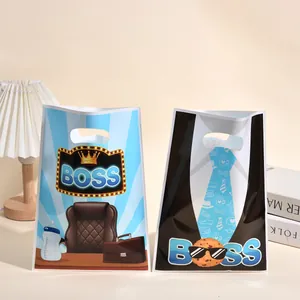 Set di due sacchetti regalo OPP Boss Day con stampe ufficio e smoking per feste e eventi