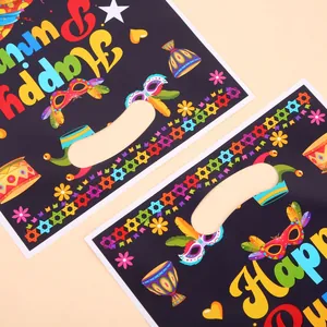 Feestelijke Purim plastic geschenkzakjes met vrolijke Happy Purim tekst en maskers