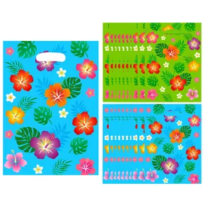 Tropical floral print plastic gift bags with hibiscus patterns for holiday party favors