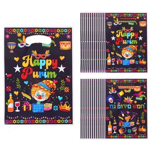 Kleurrijke plastic Purim-cadeauzakjes met ontwerpen van clowns en maskers voor feestjes
