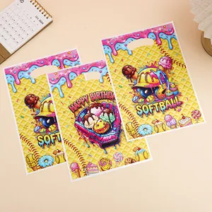 Colorful softball and ice cream themed birthday gift bags for children's party treats
