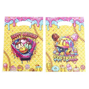 Softball and ice cream themed birthday party gift bags for kids, plastic treat bags