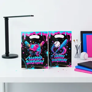 Detail showing vibrant pink and blue graffiti baseball theme birthday gift bags on desk
