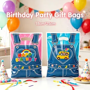 Sachets cadeaux d'anniversaire avec design de salopette en jean et bus arc-en-ciel