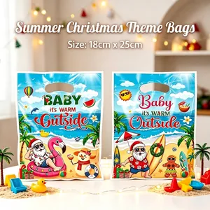 Vibrant Summer Christmas gift bags featuring beach Santa and surfing snowman motifs.
