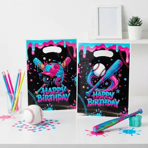 Two vibrant pink and blue graffiti baseball birthday gift bags with sports theme design