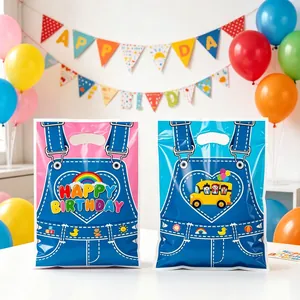 Sacs cadeaux denim pour fête avec imprimés arc-en-ciel et bus scolaire cartoon