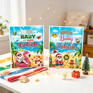 Summer Christmas themed gift bags featuring beach Santa and flamingo illustrations