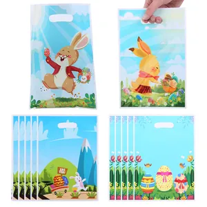 Easter themed plastic gift bags with cute cartoon bunny and egg prints for party treats