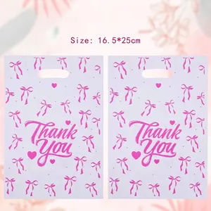 Sacs Cadeaux en Plastique Film Perlé Thank You avec Imprimé Nœud Rose Sacs d'Emballage Portables pour Mariage Fête