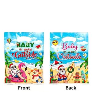Front and back view of Summer Christmas beach-themed plastic gift bags with Santa