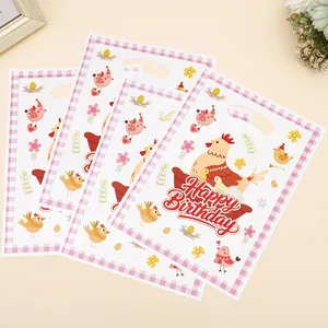 Set of cartoon chicken birthday gift bags for children's party favors with handles