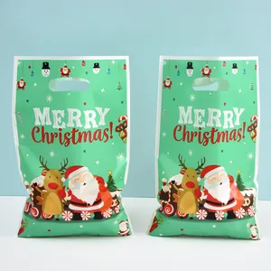 Two Merry Christmas pearl film gift bags featuring Santa Claus and reindeer cartoon designs