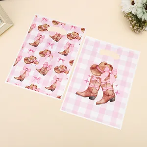 Elegant pink checkered gift bags with cowboy boot and bow illustrations for parties