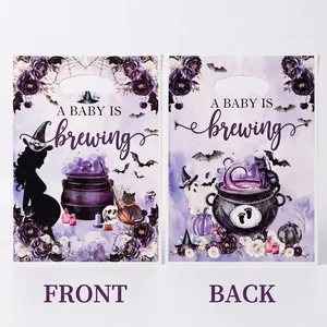 Purple witch themed baby shower gift bags with magic cauldron and ghost patterns