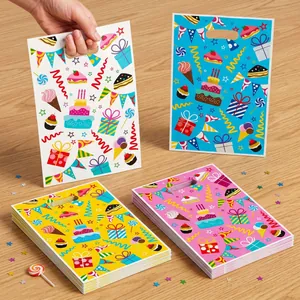 Assorted colorful plastic birthday party gift bags featuring cake and candy patterns.