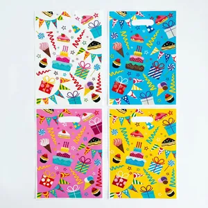 Colorful plastic birthday gift bags with cake and candy patterns for party favors.