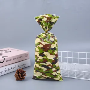 Camo pattern OPP plastic flat packaging bag for treats and candies with gold twist tie