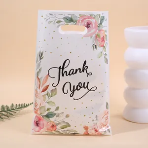 Elegant floral pearl film gift bag with Thank You print and convenient die-cut handle