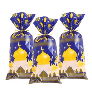Drei blau-gelbe Eid Mubarak Geschenktüten mit Moschee- und Mondsichel-Aufdruck