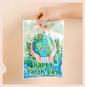 Close-up of a festive Happy Earth Day themed plastic gift bag for candy and snacks.