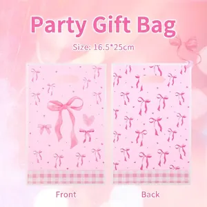 Pink Bow Plastic Gift Bags For Party Theme Decoration Candy Cookie Packaging Handbags With Heart Grid Pattern For Wedding Birthday