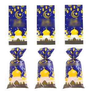 Blaue Eid Mubarak Geschenktüten mit goldenem Moschee-Print, 6er-Pack OPP-Plastiktüten