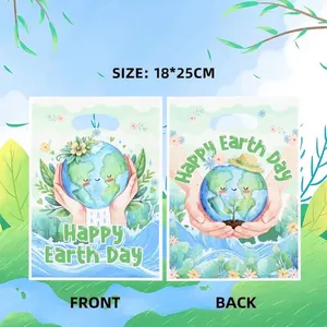 Happy Earth Day Theme Plastic Handbags For Candy Snacks Eco Friendly Illustration Designs Packaging Bags Die Cut Handle