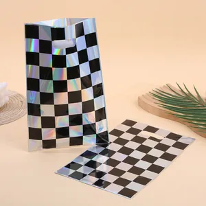 High-quality holographic checkerboard pattern gift bags with convenient die-cut handles