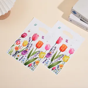 Elegant floral tulip printed gift bags with die-cut handles for party favors and snacks