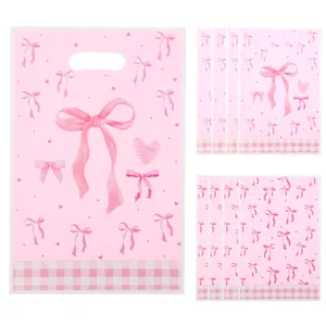 Pink bow-patterned plastic gift bags for party favors, candy, and gift packaging