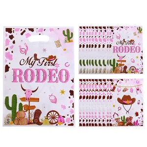 Rosa My First Rodeo Plastiktüten für Partys mit Cowboyhut- und Kaktusmotiven.
