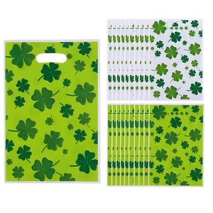 St. Patrick's Day plastic gift bags with green shamrock clover pattern for party favors