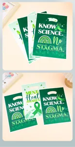Close-up detail of mental health awareness plastic gift bags with green ribbon design.