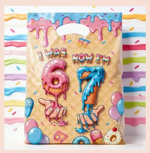 Detailed view of colorful birthday party treat bag with donut and ice cream design