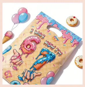 Close-up of birthday party gift bag featuring 'I WAS 6 NOW I'M 7' colorful donut print