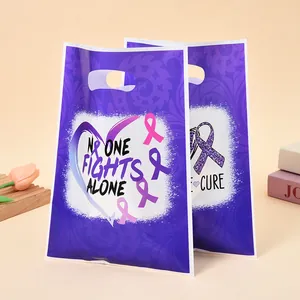 Purple awareness ribbon plastic gift bags with No One Fights Alone print for party favors