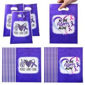 Purple printed plastic gift bags with heart and ribbon slogans for party favors