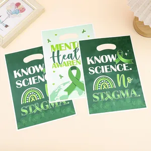 Mental health awareness plastic gift bags with green ribbon and stigma-free slogans