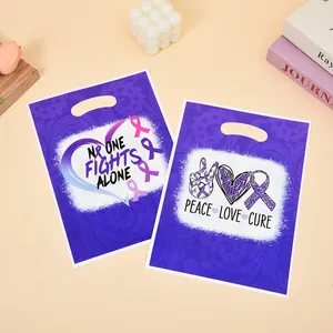 Purple plastic gift bags with Peace Love Cure and awareness ribbon prints for party.
