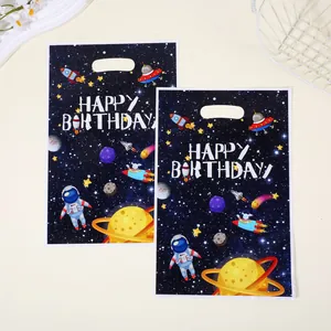 Two space astronaut themed birthday gift bags featuring planets and pearlescent film finish.