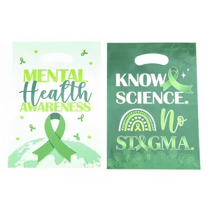 Green ribbon mental health awareness plastic handle gift bags for charity events